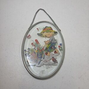 Lyford Beveled Oval Glass Window Suncatcher Hand Painted Wagon Flowers Butterfly